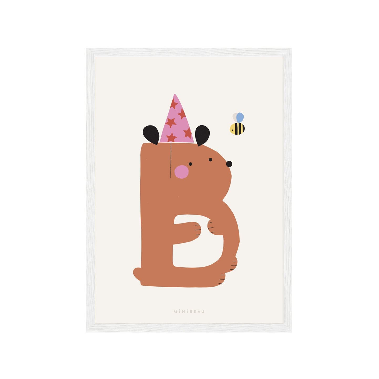 Art print in a white frame. Our Happy Alphabet 'B' Art Print shows a brown bear with a white tummy in the shape of a B in a pink party hat with red stars on, with a bee buzzing around it's head. On a neutral background.