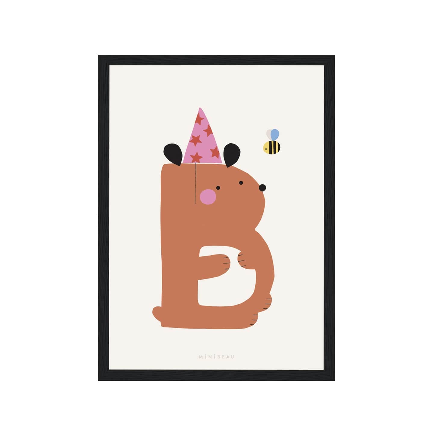 Art print in black frame. Our Happy Alphabet 'B' Art Print shows a brown bear with a white tummy in the shape of a B in a pink party hat with red stars on, with a bee buzzing around it's head. On a neutral background.