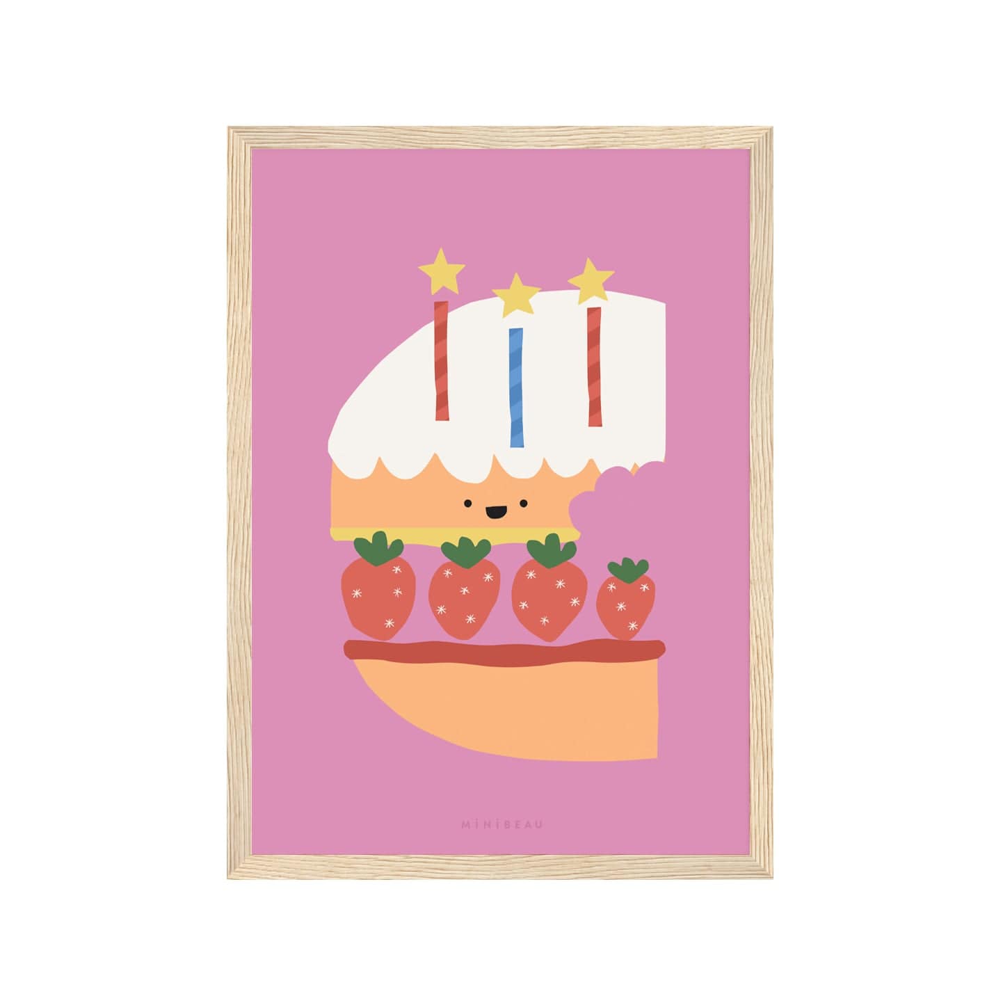 Art print in light wood frame. Our Happy Alphabet 'C' Art Print shows a layered cake in the shape of a C, with a layer of cake, then jam, then strawberries, then cream, then cake then white icing, with 3 candles, 2 red, 2 blue, with stars for flames, on a pink background.