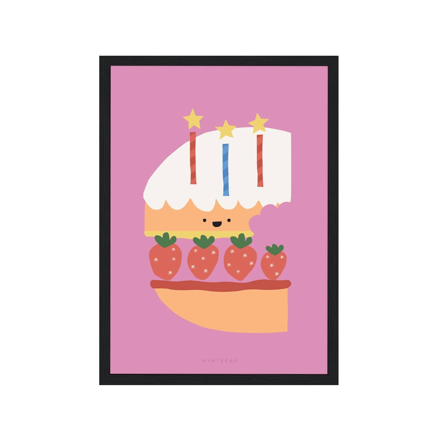 Art print in black frame. Our Happy Alphabet 'C' Art Print shows a layered cake in the shape of a C, with a layer of cake, then jam, then strawberries, then cream, then cake then white icing, with 3 candles, 2 red, 2 blue, with stars for flames, on a pink background.