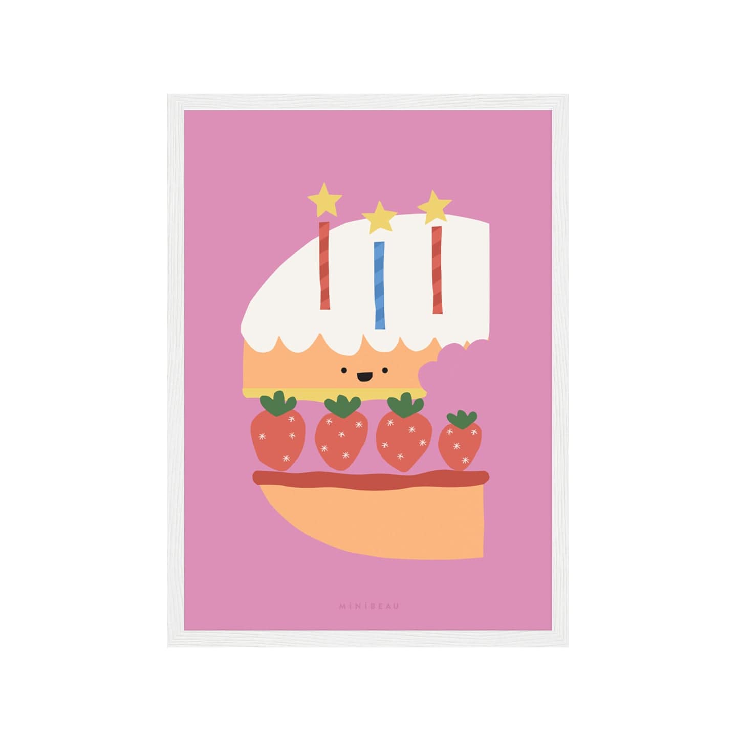Art print in a white frame. Our Happy Alphabet 'C' Art Print shows a layered cake in the shape of a C, with a layer of cake, then jam, then strawberries, then cream, then cake then white icing, with 3 candles, 2 red, 2 blue, with stars for flames, on a pink background.