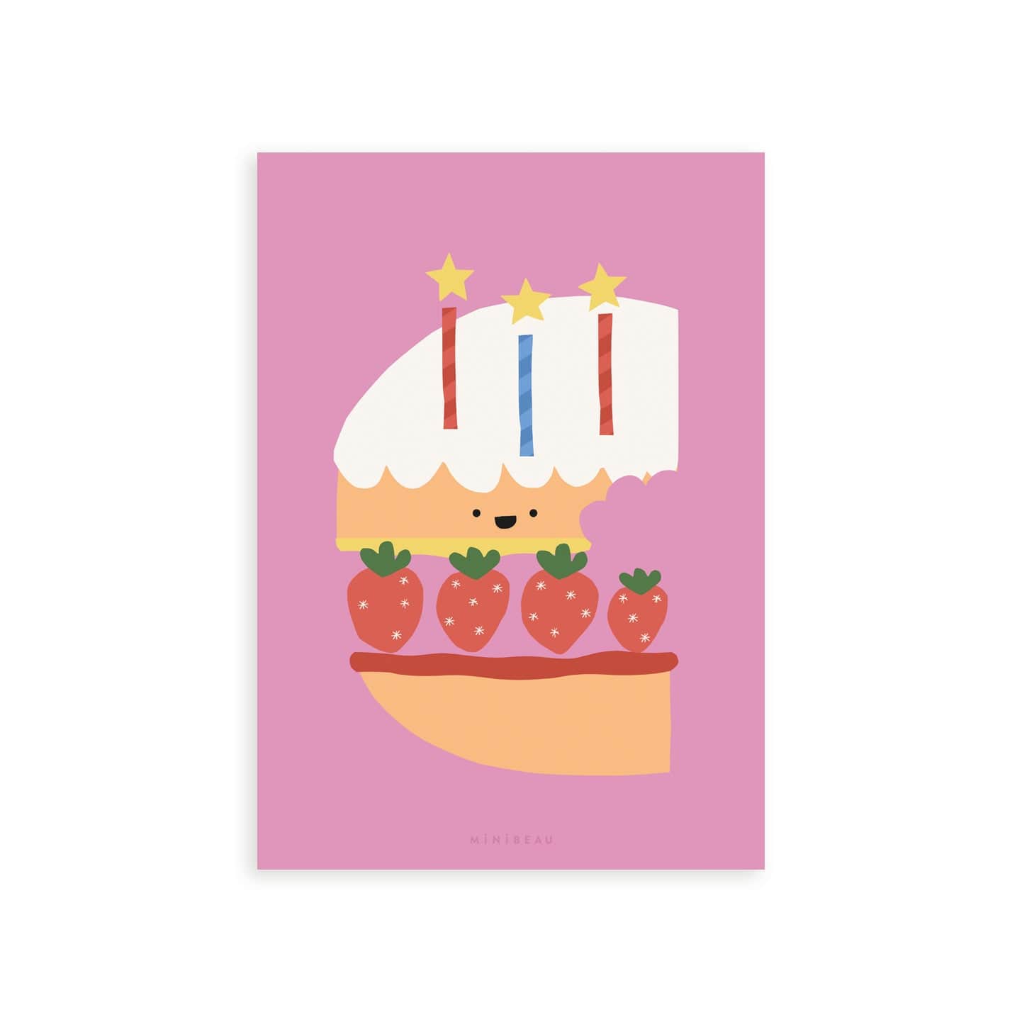 Our Happy Alphabet 'C' Art Print shows a layered cake in the shape of a C, with a layer of cake, then jam, then strawberries, then cream, then cake then white icing, with 3 candles, 2 red, 2 blue, with stars for flames, on a pink background.