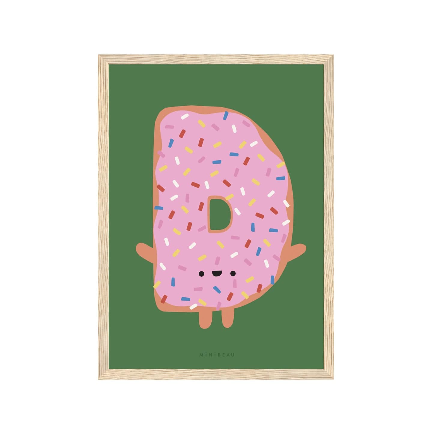 Art print in a light wood frame. Our Happy Alphabet 'D' Art Print shows a doughnut smiling iced doughnut in the shape of a D with short arms and legs. Icing is pink with multicoloured sprinkles and the print background is green.