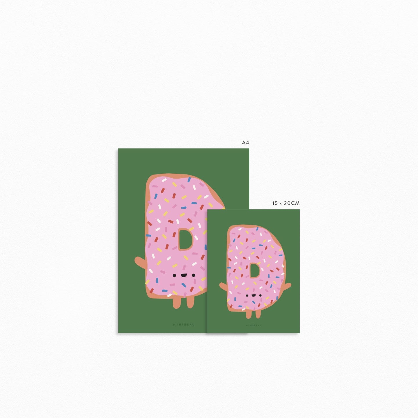 Image to show the sizes available in the Happy Alphabet 'd' art print. Our Happy Alphabet 'D' Art Print shows a doughnut smiling iced doughnut in the shape of a D with short arms and legs. Icing is pink with multicoloured sprinkles and the print background is green.
