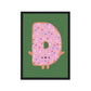Art print in a  black frame. Our Happy Alphabet 'D' Art Print shows a doughnut smiling iced doughnut in the shape of a D with short arms and legs. Icing is pink with multicoloured sprinkles and the print background is green.