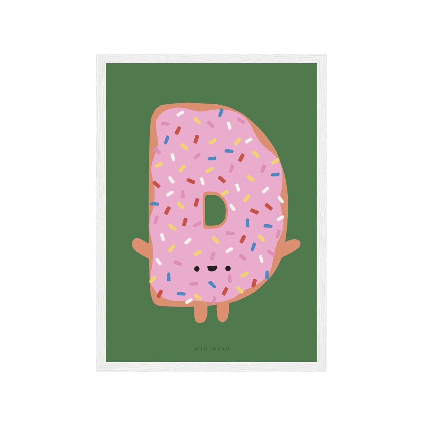 Art print in a white frame. Our Happy Alphabet 'D' Art Print shows aelephanteleph smiling iced doughnut in the shape of a D with short arms and legs. Icing is pink with multicoloured sprinkles and the print background is green.