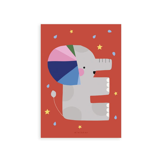 Our Happy Alphabet 'E' Art Print shows a grey elephant in the shape of an E with a rainbow coloured ear on a red background with water drops and stars.