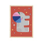 Art print in light wood frame. Our Happy Alphabet 'E' Art Print shows a grey elephant in the shape of an E with a rainbow coloured ear on a red background with water drops and stars.