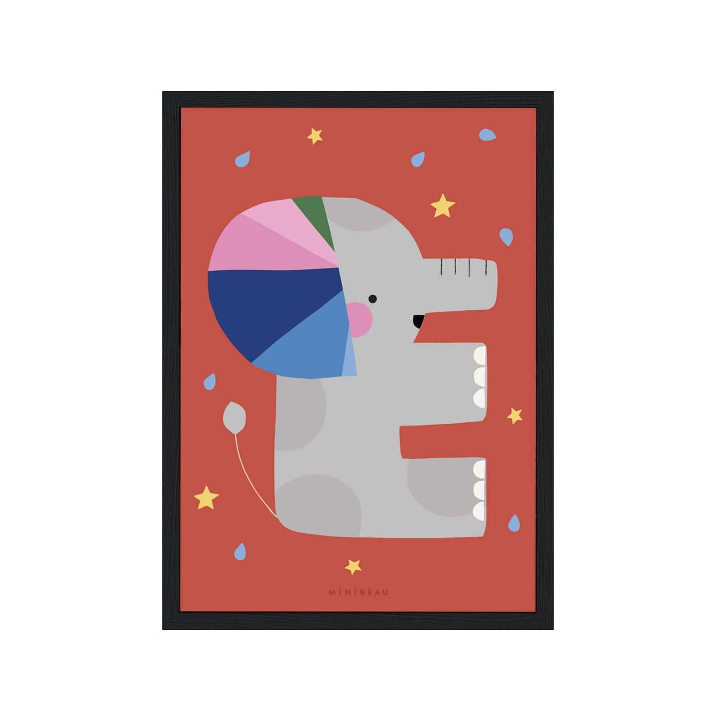 Art print in black frame. Our Happy Alphabet 'E' Art Print shows a grey elephant in the shape of an E with a rainbow coloured ear on a red background with water drops and stars.