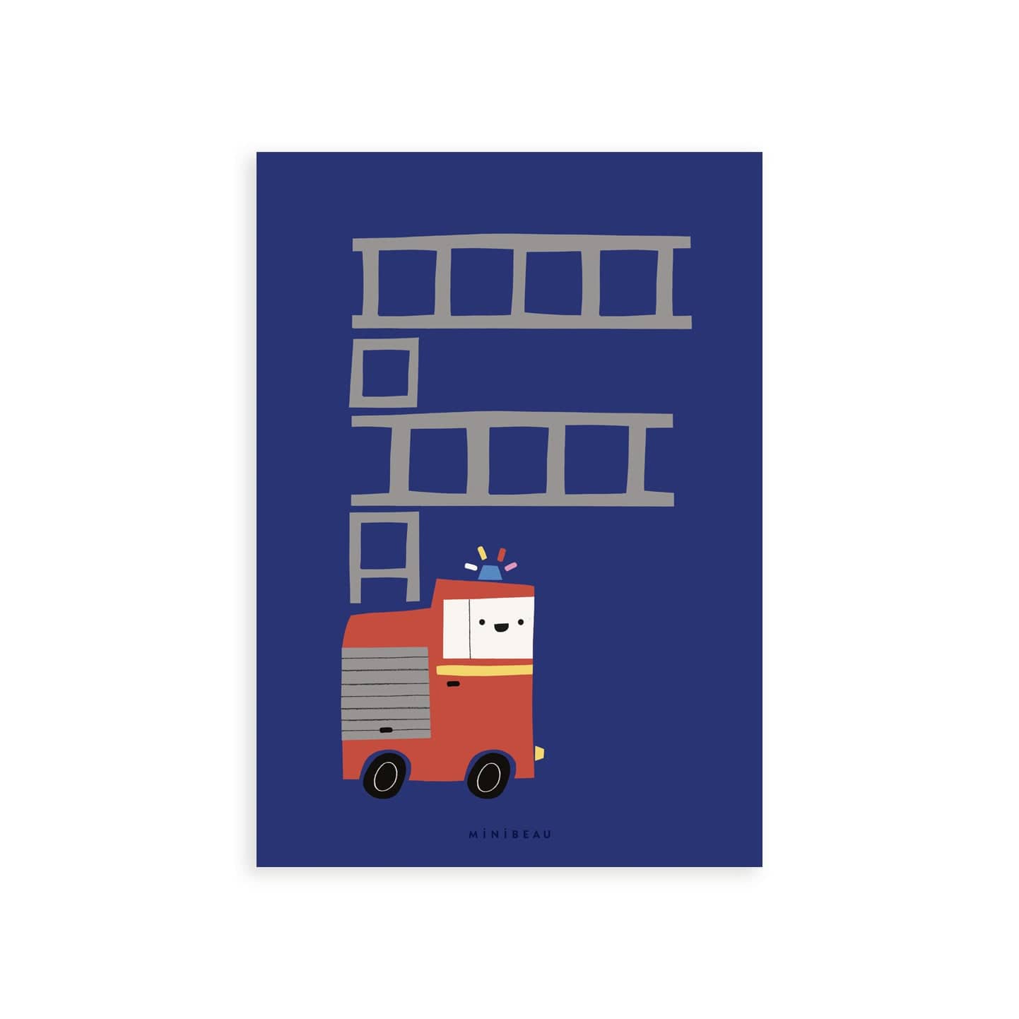 Our Happy Alphabet 'F' Art Print shows a red fire engine with its ladder raised in the shape of the letter F, with its blue light flashing on a dark blue background.