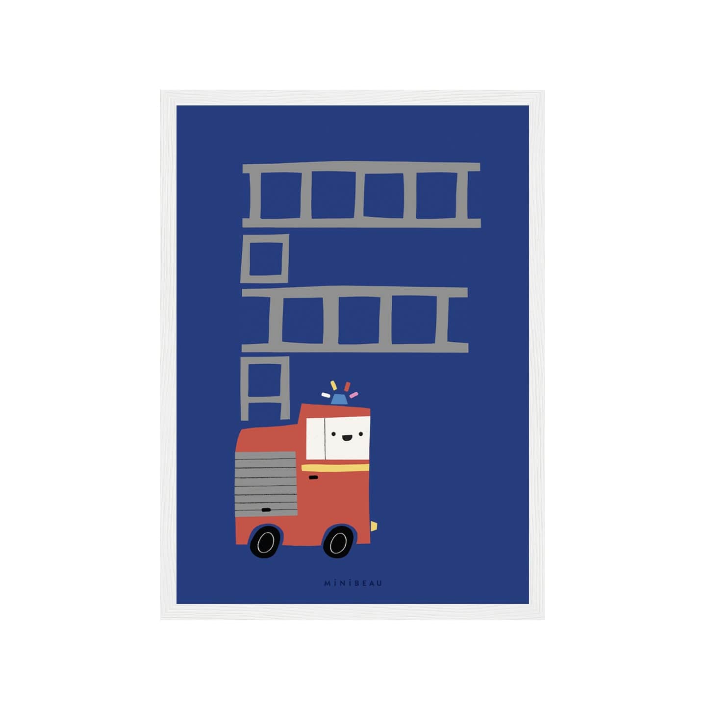 Art print in white frame. Our Happy Alphabet 'F' Art Print shows a red fire engine with its ladder raised in the shape of the letter F, with its blue light flashing on a dark blue background.