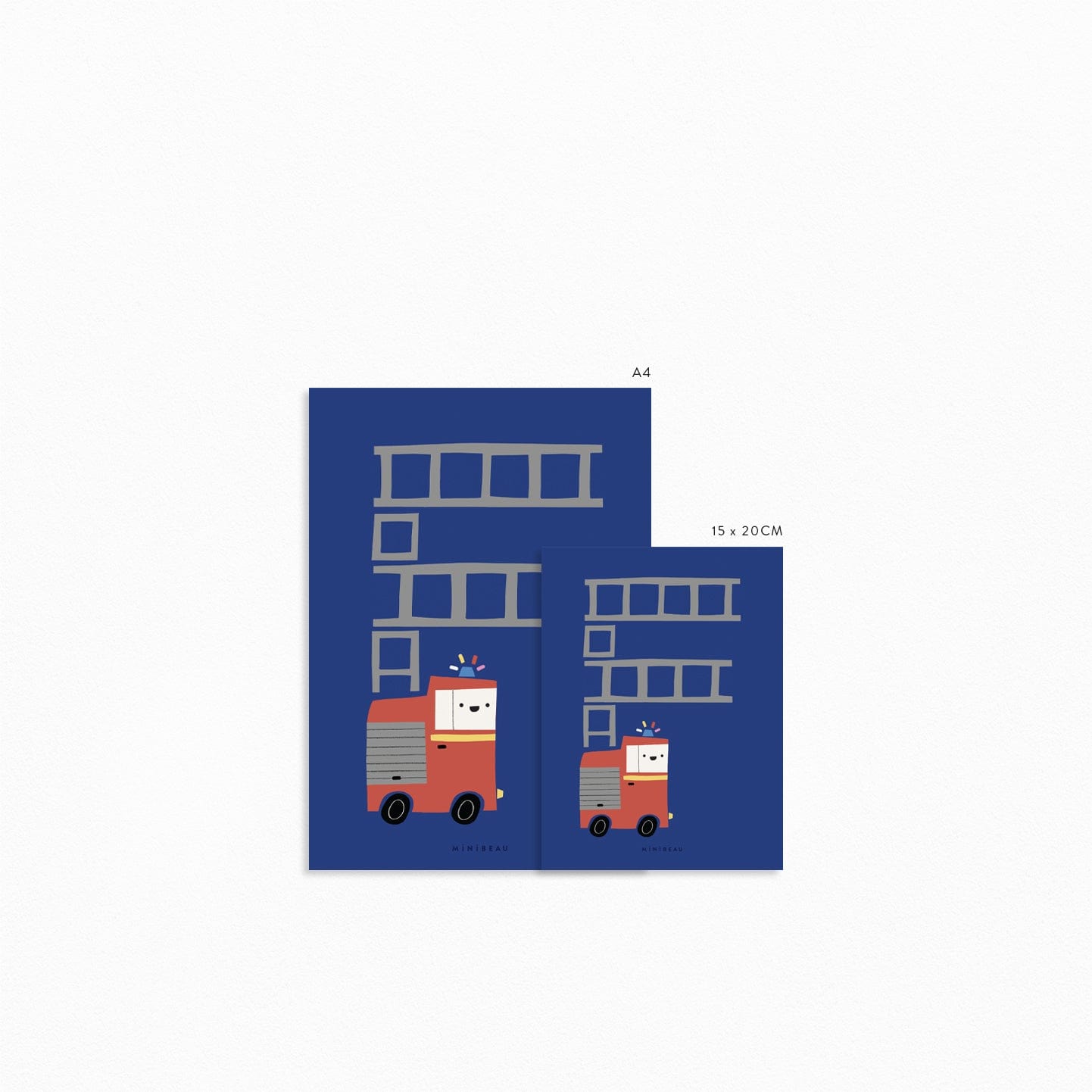 Image showing the available sizes for the Happy Alphabet 'f' art print. Our Happy Alphabet 'F' Art Print shows a red fire engine with its ladder raised in the shape of the letter F, with its blue light flashing on a dark blue background.