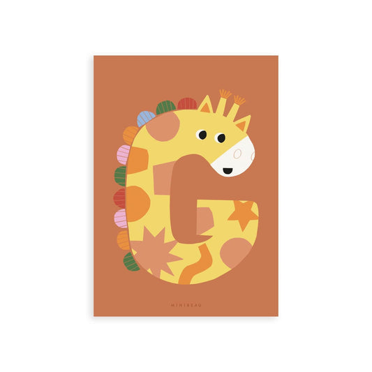Our Happy Alphabet 'G' Art Print shows a smiling giraffe in the shape of a G with a rainbow coloured mane on an orange/rust background.