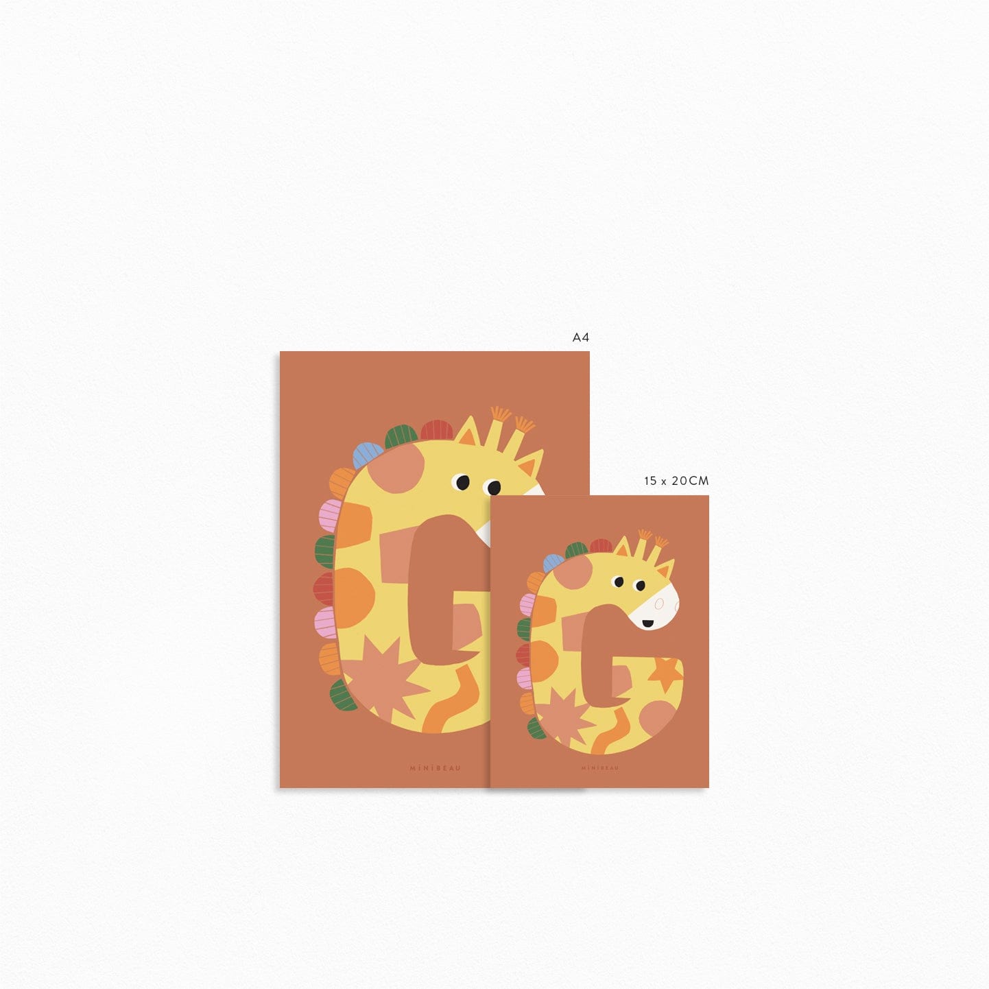Image to show the available sizes for the Happy Alphabet 'g' art print. Our Happy Alphabet 'G' Art Print shows a smiling giraffe in the shape of a G with a rainbow coloured mane on an orange/rust background.