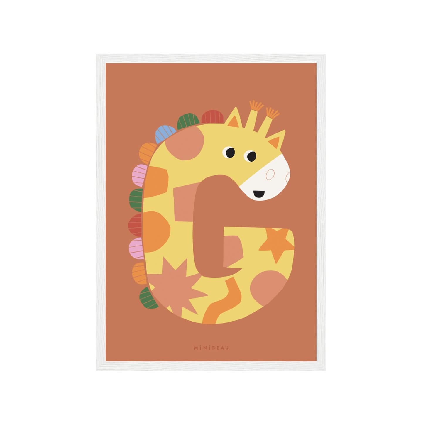 Art print in a white frame. Our Happy Alphabet 'G' Art Print shows a smiling giraffe in the shape of a G with a rainbow coloured mane on an orange/rust background.