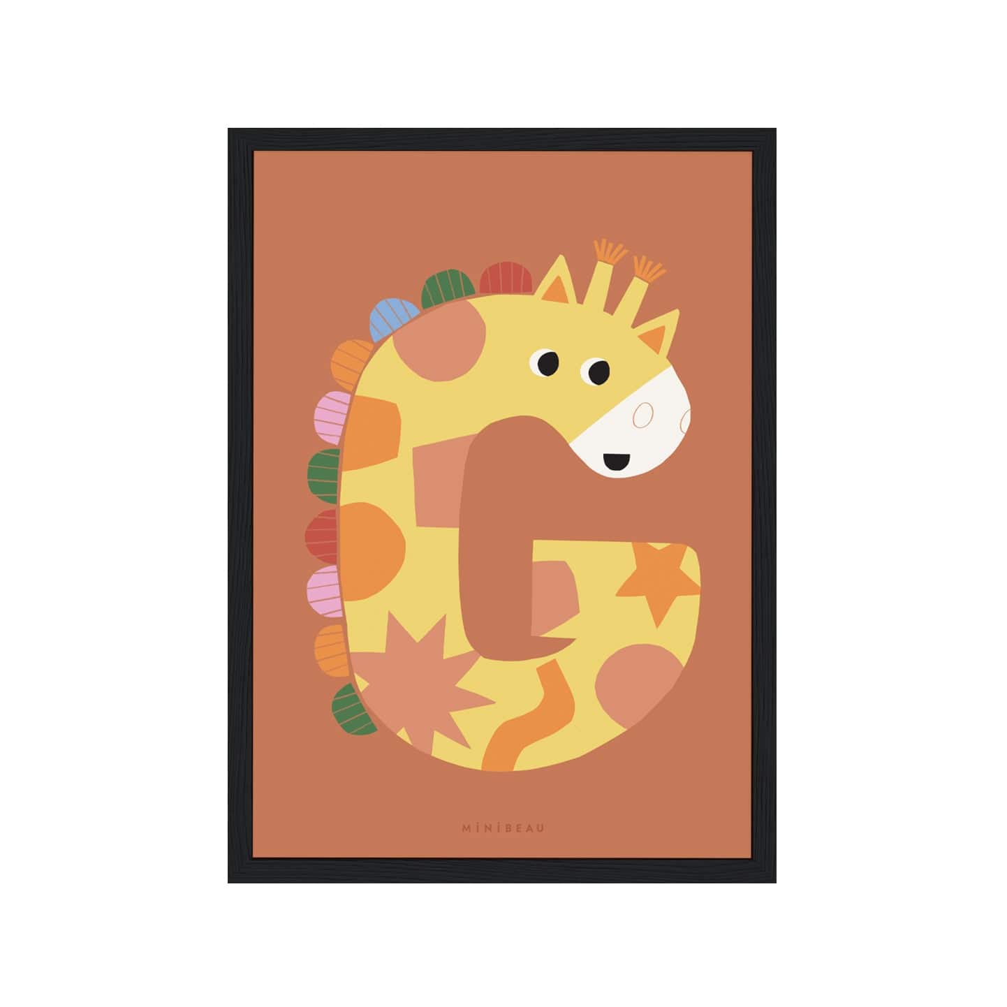 Art print on a black frame. Our Happy Alphabet 'G' Art Print shows a smiling giraffe in the shape of a G with a rainbow coloured mane on an orange/rust background.