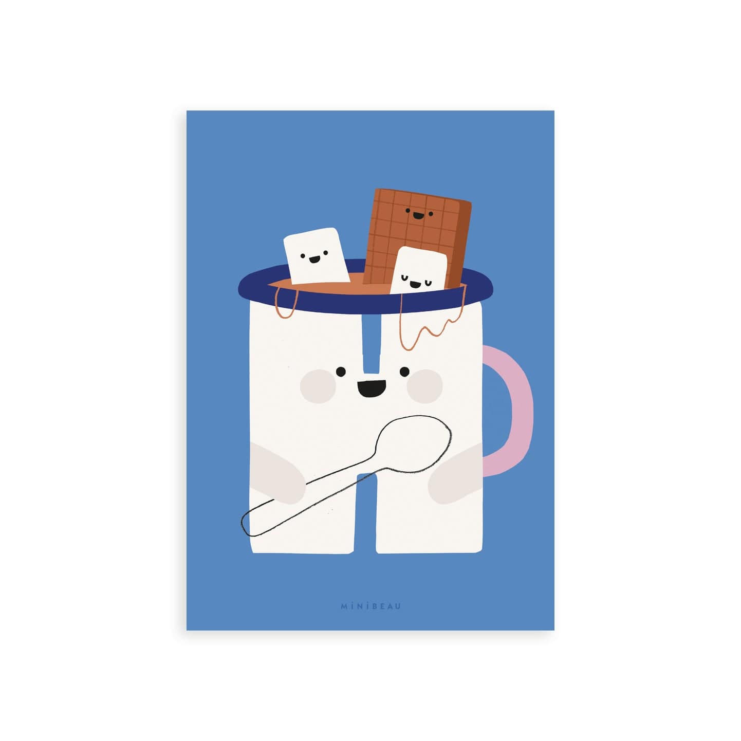 Our Happy Alphabet 'H' Art Print shows a smiling pink handled, white mug of hot chocolate, holding a spoon, with smiling marshmallows and chocolate bar sitting in the hot chocolate, on a blue background.