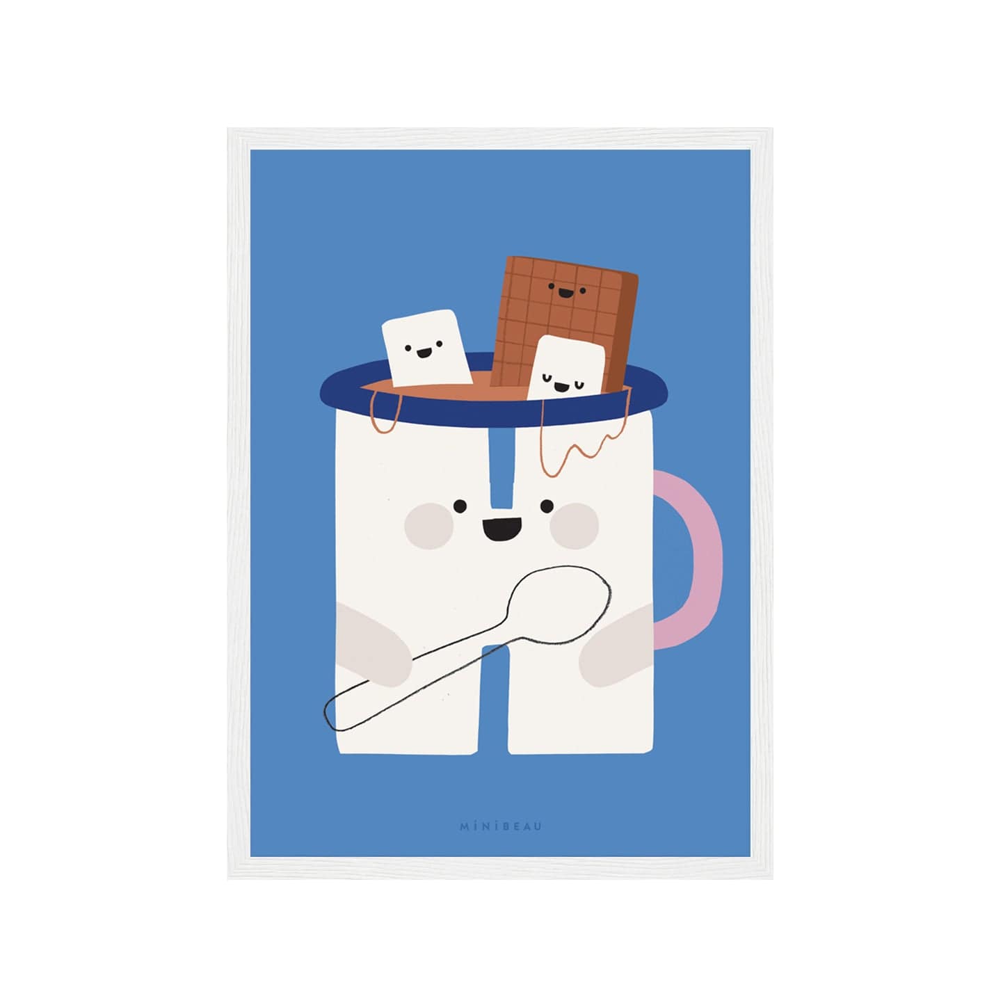 Art print in white frame. Our Happy Alphabet 'H' Art Print shows a smiling pink handled, white mug of hot chocolate, holding a spoon, with smiling marshmallows and chocolate bar sitting in the hot chocolate, on a blue background.
