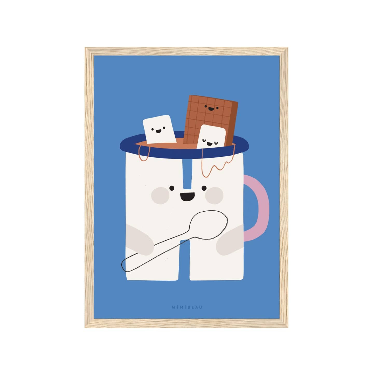 Art print in a light wood frame. Our Happy Alphabet 'H' Art Print shows a smiling pink handled, white mug of hot chocolate, holding a spoon, with smiling marshmallows and chocolate bar sitting in the hot chocolate, on a blue background.