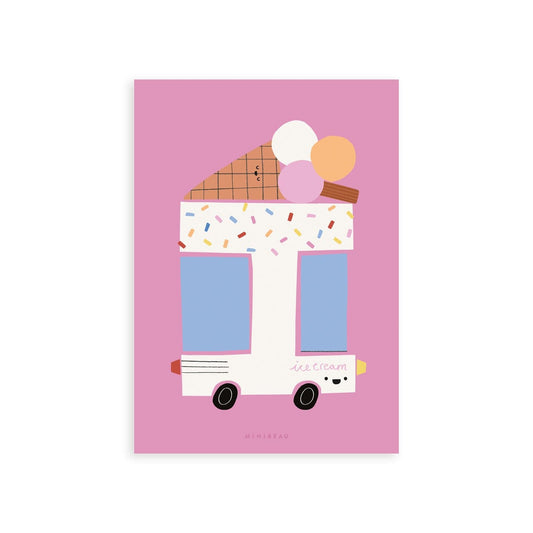 Our Happy Alphabet 'I' Art Print shows a white Ice Cream Van in the shape of an I with sprinkles at the top, with a giant ice cream cone lying on the top with 3 scoops of ice cream in white light brown and pink with a flake, on a pink background