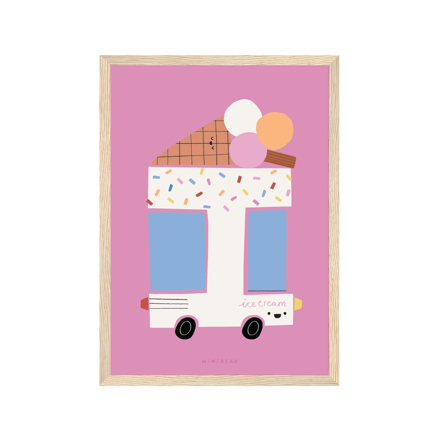 Art print in a light wood frame. Our Happy Alphabet 'I' Art Print shows a white Ice Cream Van in the shape of an I with sprinkles at the top, with a giant ice cream cone lying on the top with 3 scoops of ice cream in white light brown and pink with a flake, on a pink background