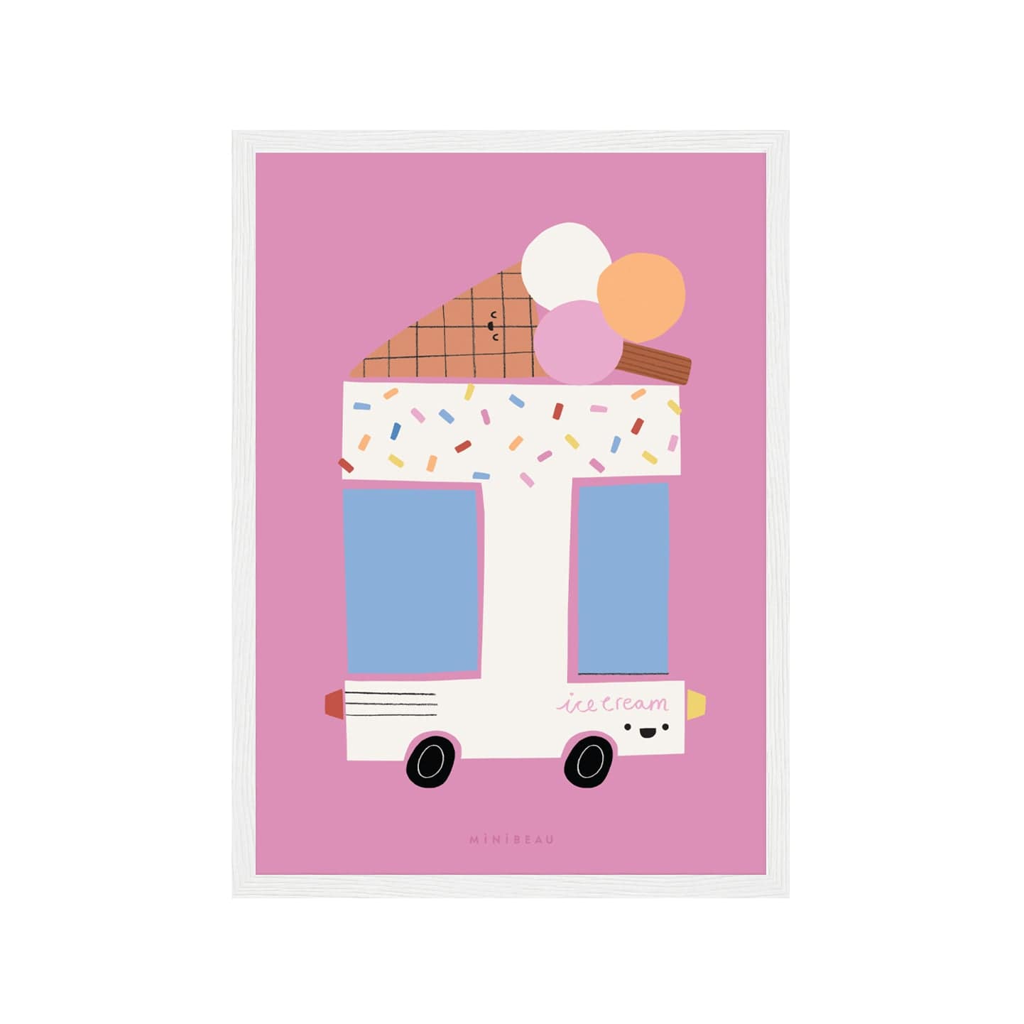Art print in a white frame. Our Happy Alphabet 'I' Art Print shows a white Ice Cream Van in the shape of an I with sprinkles at the top, with a giant ice cream cone lying on the top with 3 scoops of ice cream in white light brown and pink with a flake, on a pink background