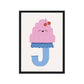 Art print in a black frame. Our Happy Alphabet 'J' Art Print shows a smiling pink moulded jelly on a blue stand in the shape of a J, with cherries on top of the Jelly on a neutral background.