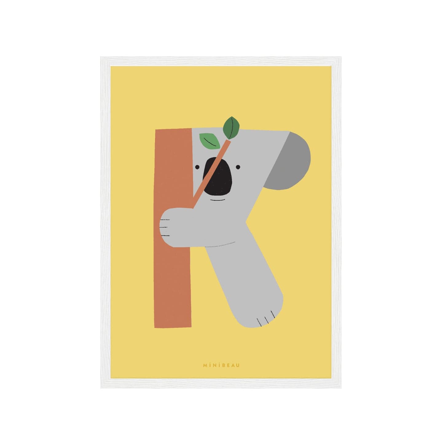 Art print in a white frame. Our Happy Alphabet 'K' Art Print shows a smiling grey koala climbing a tree, making a K on a yellow background.