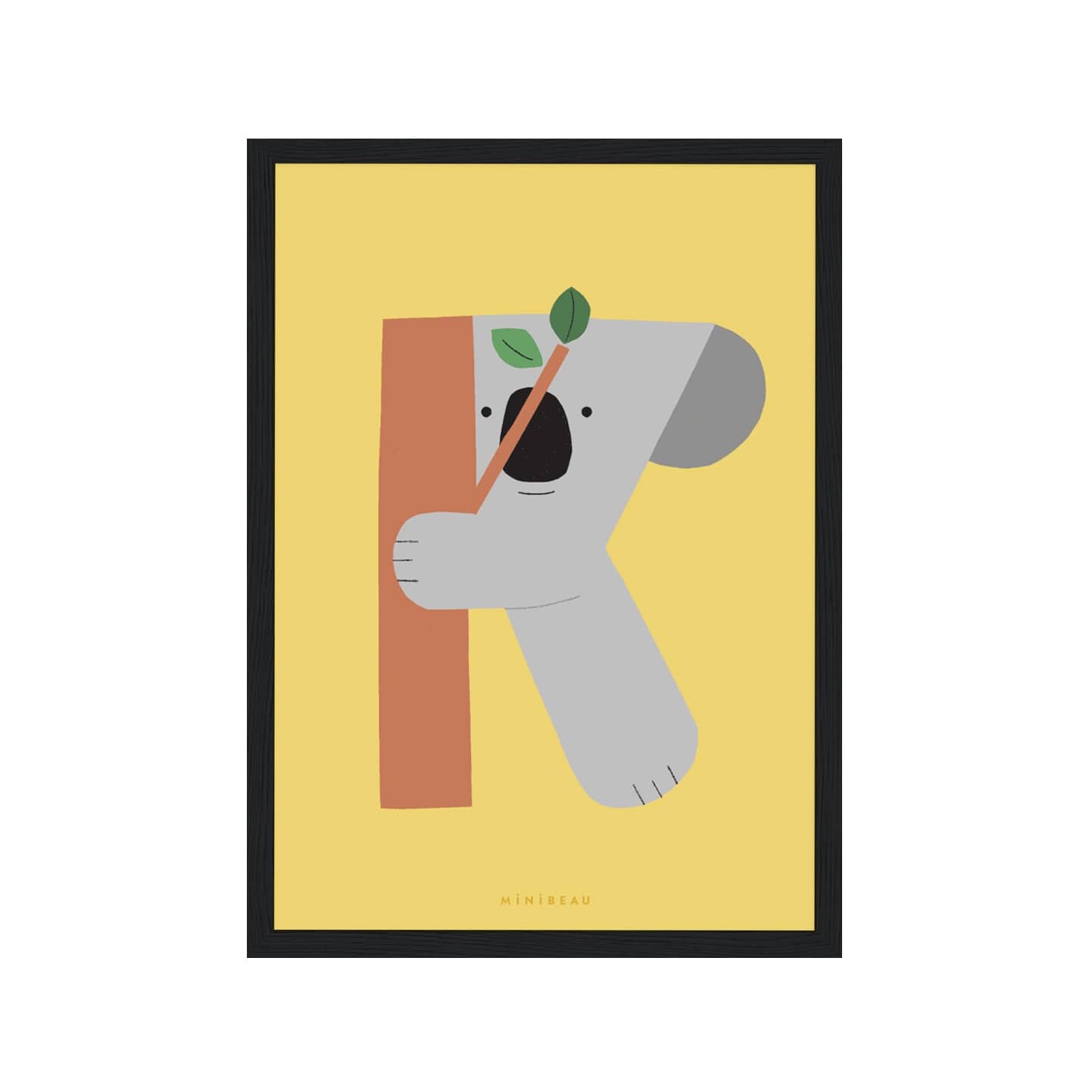 Art print in a black frame. Our Happy Alphabet 'K' Art Print shows a smiling grey koala climbing a tree, making a K on a yellow background.