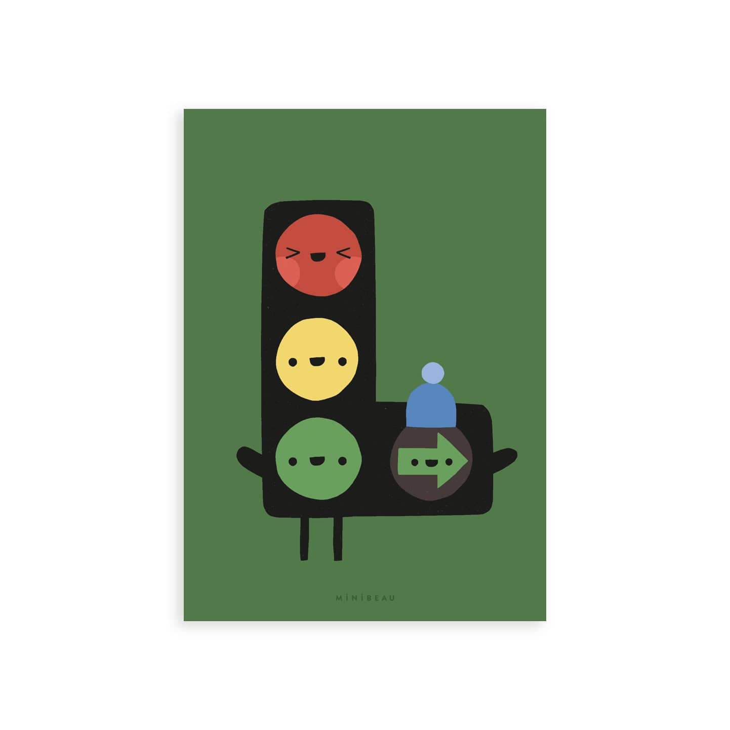 Our Happy Alphabet 'L' Art Print shows filter traffic lights in the shape of an L with a smiling face in each light. The Green Arrow light is wearing a blue woolly hat. All on a dark green background.