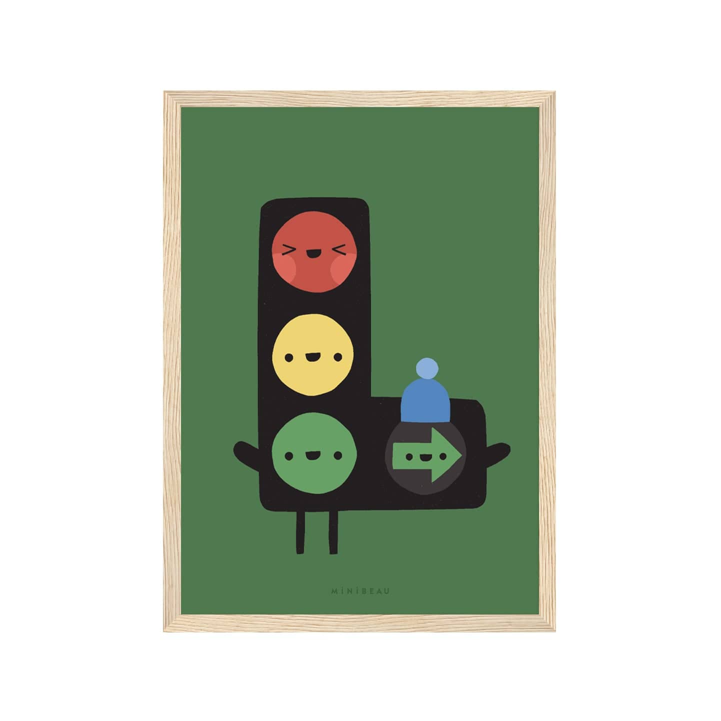 Art print in a light wood frame. Our Happy Alphabet 'L' Art Print shows filter traffic lights in the shape of an L with a smiling face in each light. The Green Arrow light is wearing a blue woolly hat. All on a dark green background.