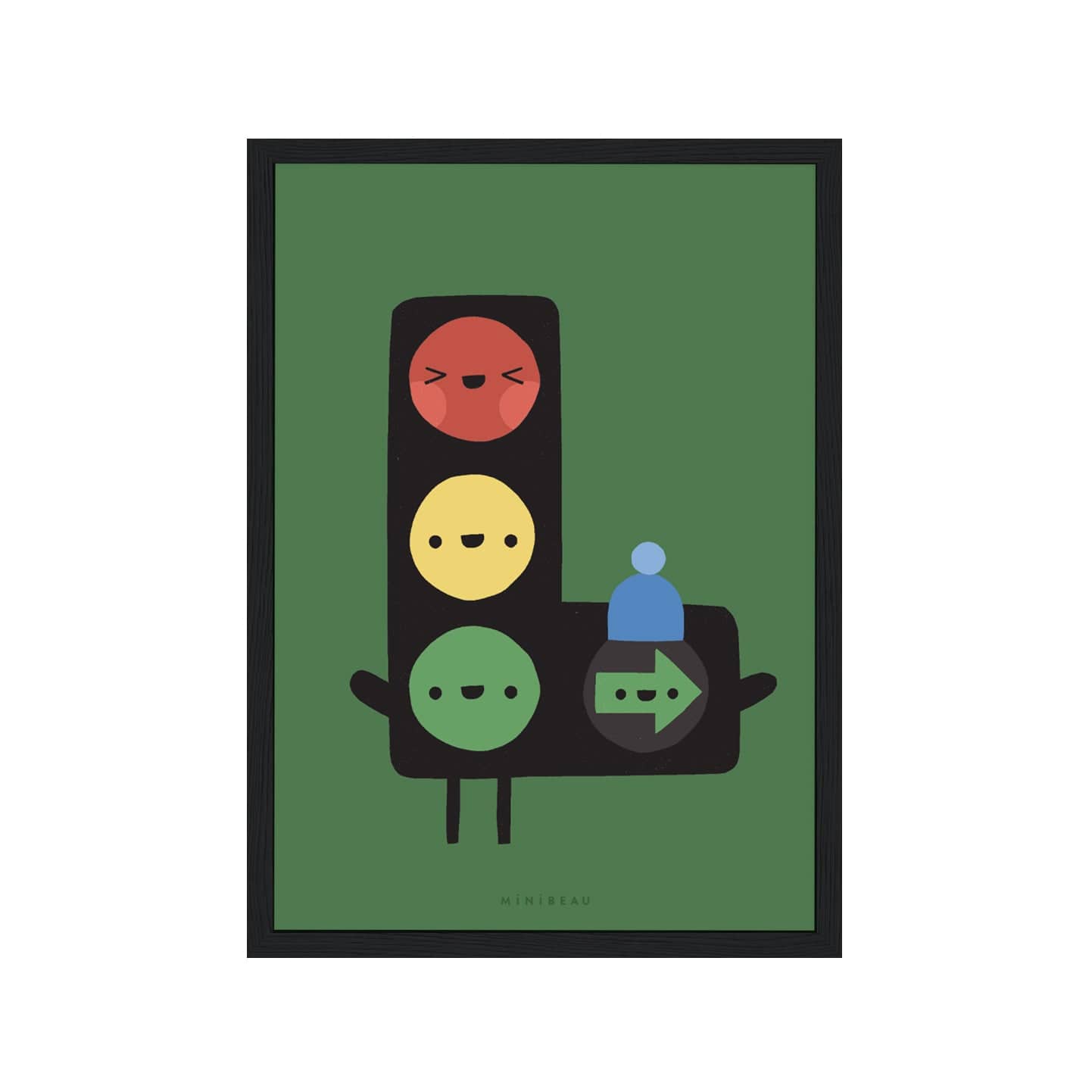 Art print in a black frame. Our Happy Alphabet 'L' Art Print shows filter traffic lights in the shape of an L with a smiling face in each light. The Green Arrow light is wearing a blue woolly hat. All on a dark green background.