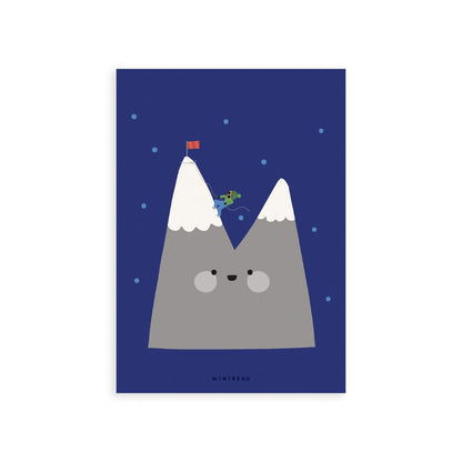 Our Happy Alphabet 'M' Art Print shows a twin peaked, snow topped mountain, with a mountain climber in blue and green climbing up to a red flag. On a blue, with light blue dots background.