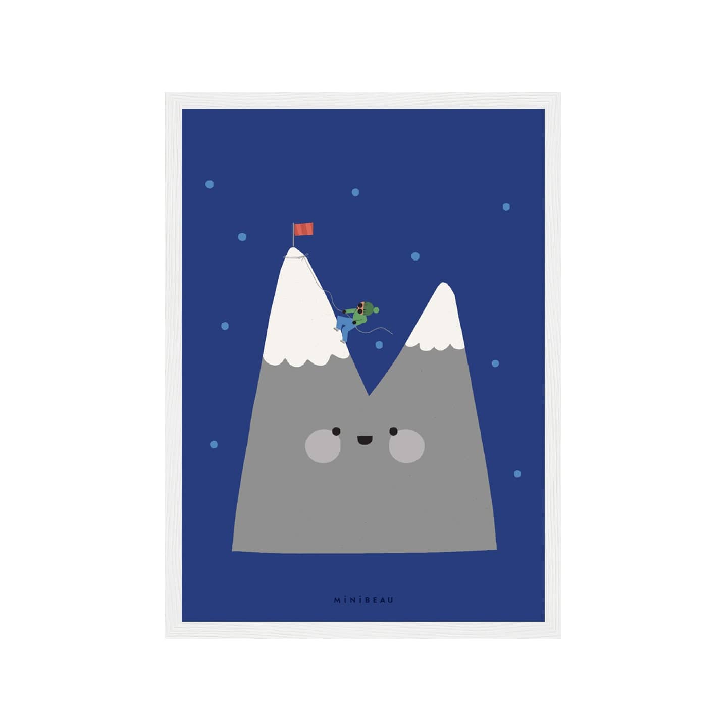 Art print in white frame. Our Happy Alphabet 'M' Art Print shows a twin peaked, snow topped mountain, with a mountain climber in blue and green climbing up to a red flag. On a blue, with light blue dots background.