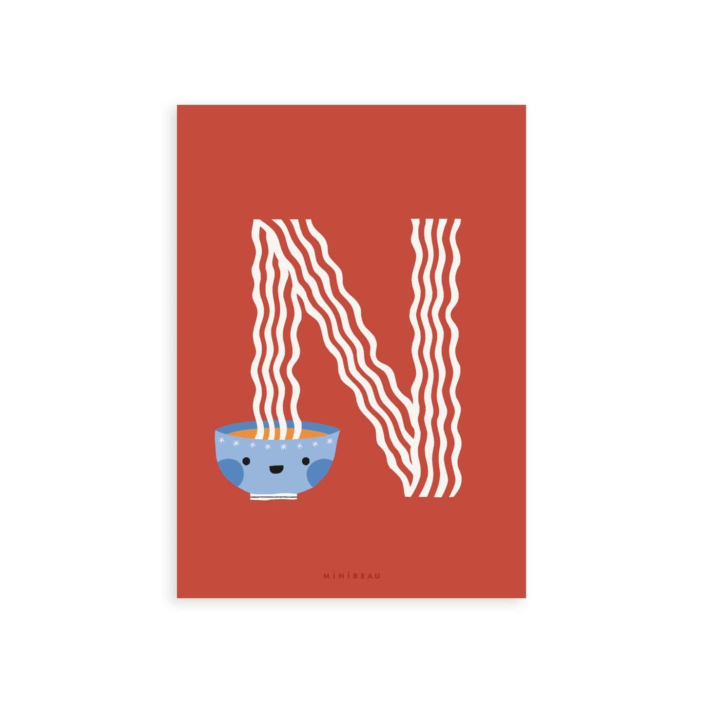 Our Happy Alphabet 'N' Art Print shows a blue bowl of long white noodles which  come out of the bowl to form an N, on a red background.