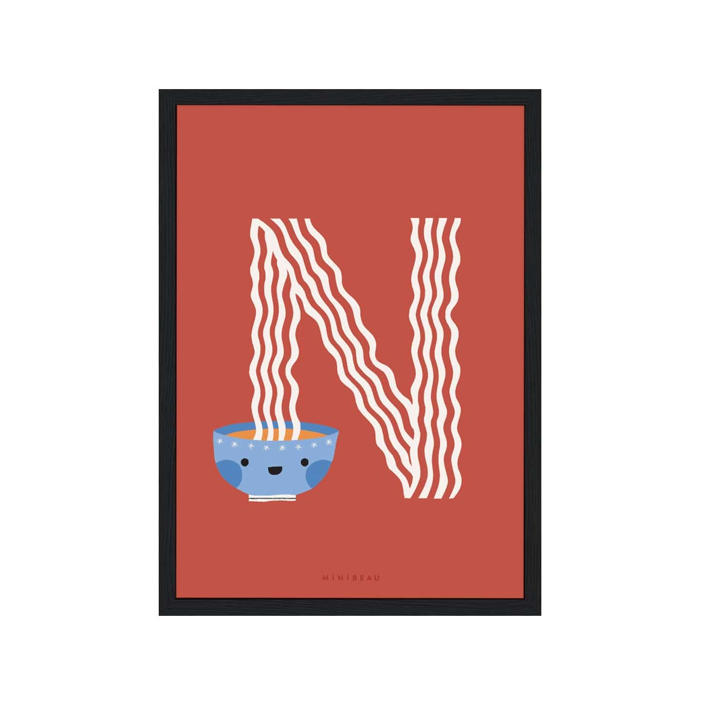 Art print in a black frame. Our Happy Alphabet 'N' Art Print shows a blue bowl of long white noodles which  come out of the bowl to form an N, on a red background.