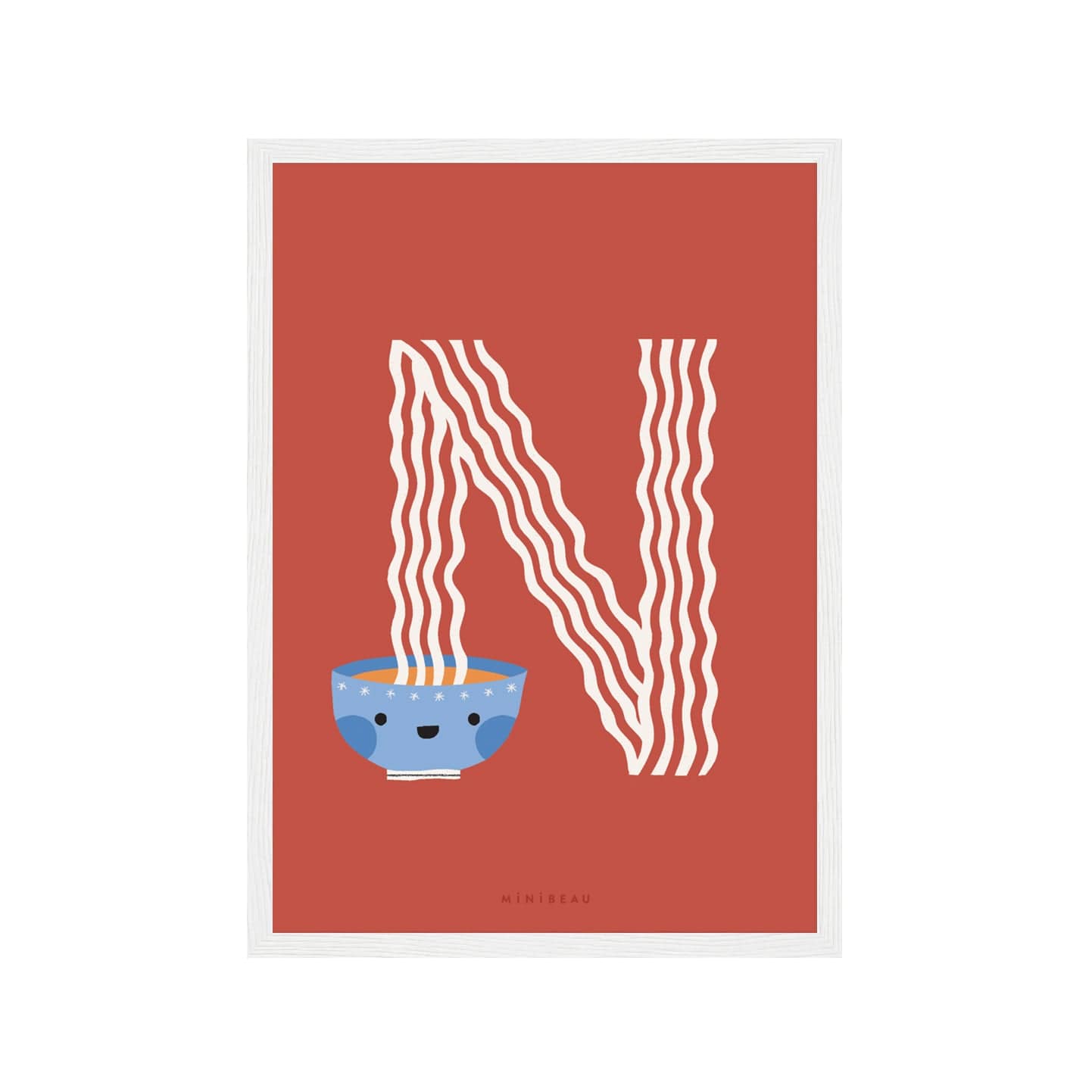Art print in a white frame. Our Happy Alphabet 'N' Art Print shows a blue bowl of long white noodles which  come out of the bowl to form an N, on a red background.
