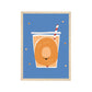 Art print in a light wood frame. Our Happy Alphabet 'O' Art Print shows a glass of fresh orange juice, with a red and white straw in it. There is an orange O on the glass with the words 100% fresh orange juice on. All on a blue background with orange dots.