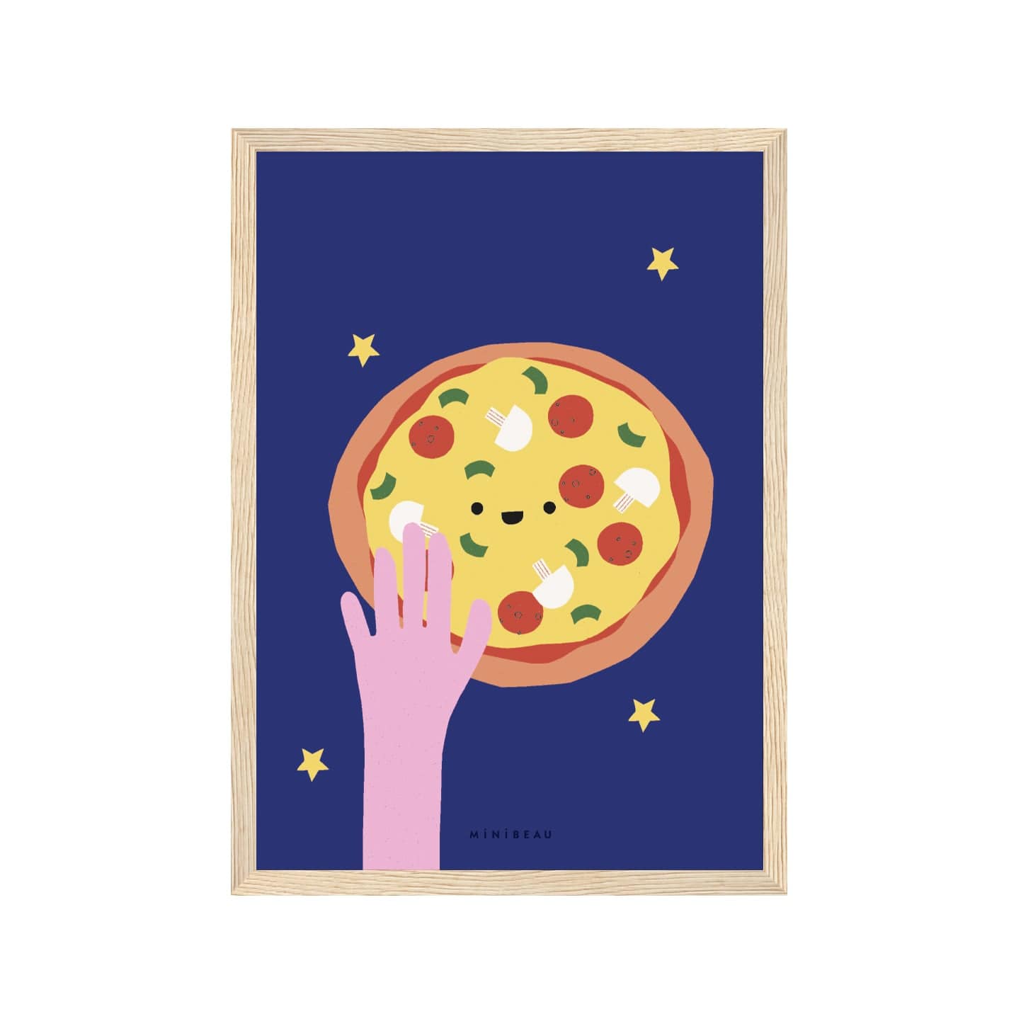 Art print in light wood frame. Our Happy Alphabet 'P' Art Print shows a smiling pizze with a hand reaching towards it, creating a P shape. Pizza has green pepper, pepperoni and mushrooms on it. All on a dark blue background with four small yellow stars.