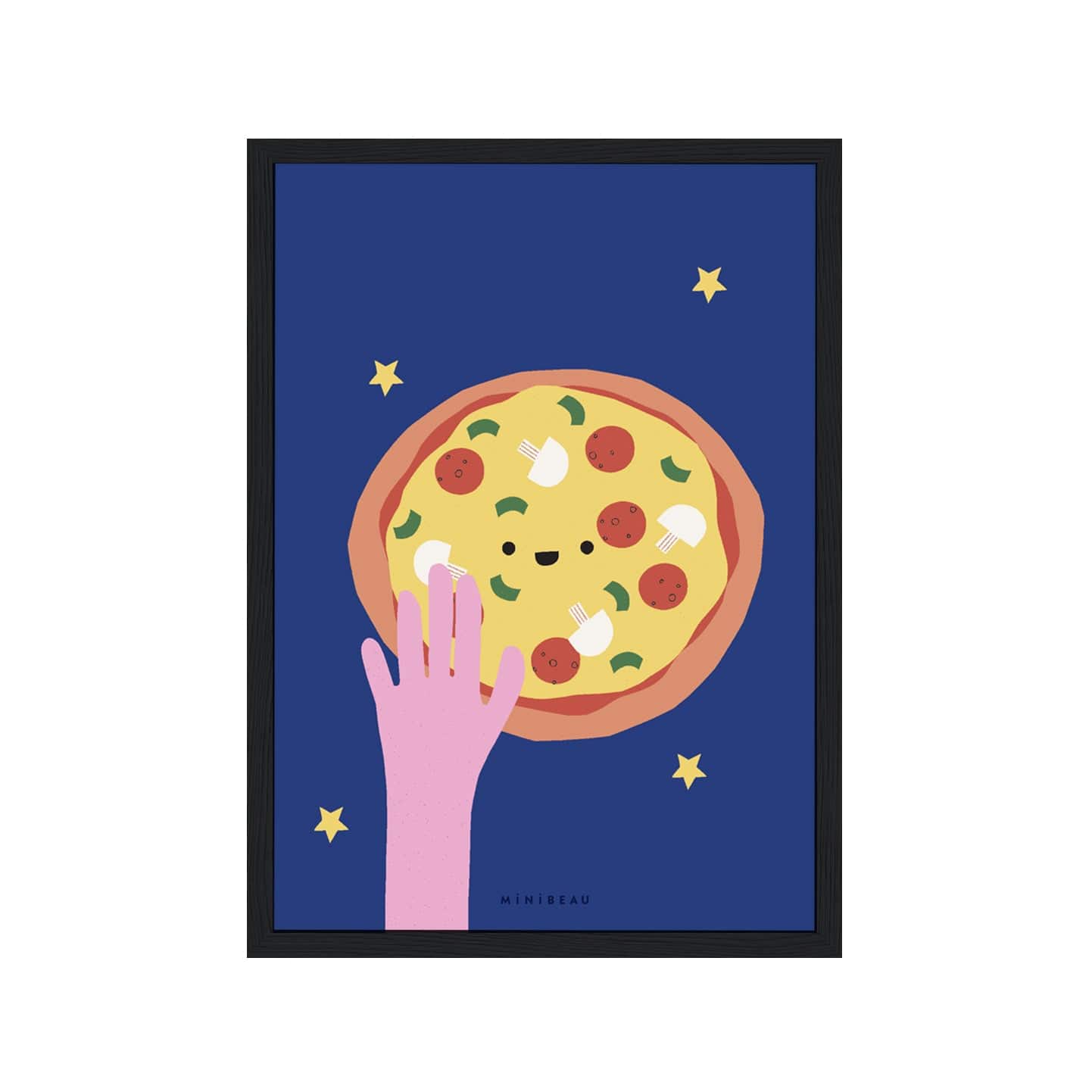 Art print in black frame. Our Happy Alphabet 'P' Art Print shows a smiling pizze with a hand reaching towards it, creating a P shape. Pizza has green pepper, pepperoni and mushrooms on it. All on a dark blue background with four small yellow stars.