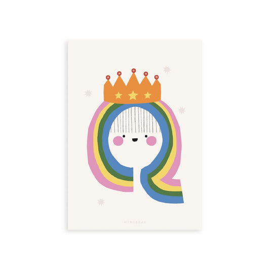 Our Happy Alphabet 'Q' Art Print shows a smiling queen with rainbow hair and a thin fringe, wearing a gold crown with three yellow stars on the front. All on a white background.