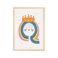 Art print in a light wood frame. Our Happy Alphabet 'Q' Art Print shows a smiling queen with rainbow hair and a thin fringe, wearing a gold crown with three yellow stars on the front. All on a white background.