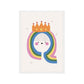 Art print in a white frame. Our Happy Alphabet 'Q' Art Print shows a smiling queen with rainbow hair and a thin fringe, wearing a gold crown with three yellow stars on the front. All on a white background.