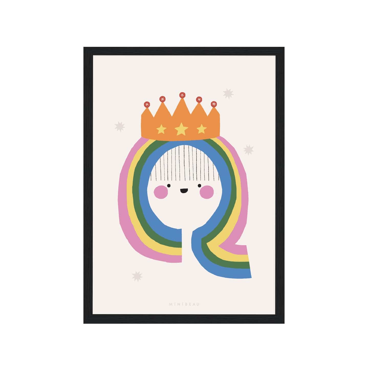 Art print in a black frame. Our Happy Alphabet 'Q' Art Print shows a smiling queen with rainbow hair and a thin fringe, wearing a gold crown with three yellow stars on the front. All on a white background.