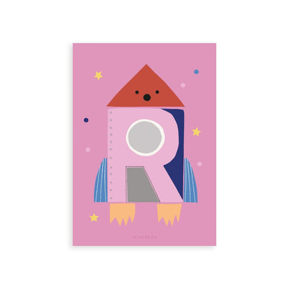 Our Happy Alphabet 'R' Art Print shows a shocked rocket lasting of to space with a large pink R on it creating a porthole. On a pink background with coloured dots and yellow stars.