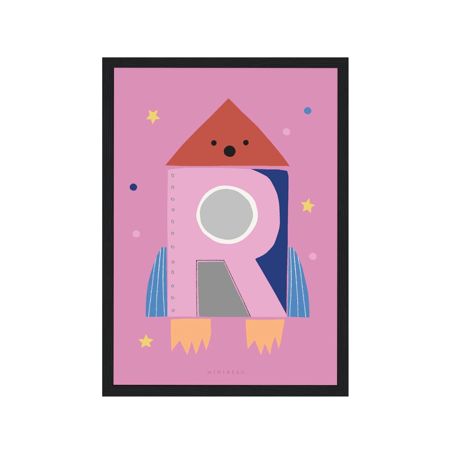 Art print in a black frame. Our Happy Alphabet 'R' Art Print shows a shocked rocket lasting of to space with a large pink R on it creating a porthole. On a pink background with coloured dots and yellow stars.
