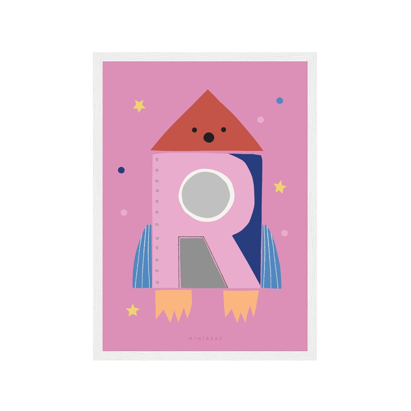 Art print in white frame. Our Happy Alphabet 'R' Art Print shows a shocked rocket lasting of to space with a large pink R on it creating a porthole. On a pink background with coloured dots and yellow stars.