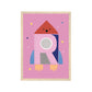 Art print in light wood frame. Our Happy Alphabet 'R' Art Print shows a shocked rocket lasting of to space with a large pink R on it creating a porthole. On a pink background with coloured dots and yellow stars.