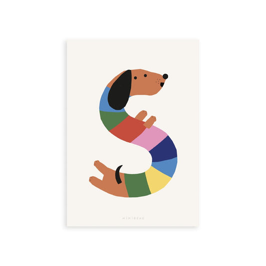 Our Happy Alphabet 'S' Art Print shows a rainbow-striped sausage dog forming the shape of an S on a neutral background.