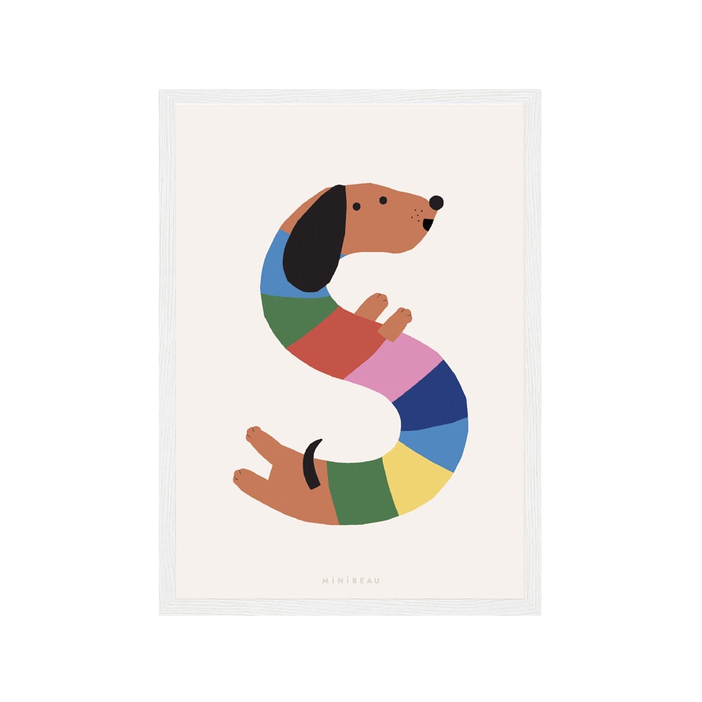 Art print in a white frame. Our Happy Alphabet 'S' Art Print shows a rainbow-striped sausage dog forming the shape of an S on a neutral background.